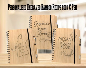 Personalised Engraved Bamboo Eco Friendly Recipe Book & Pen | Treasure Memories Scrapbook Keepsake | Journal Cook Family Gift Heirloom