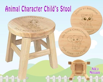 Animal Character Personalised Stool Kids Engraved | Add A Message | Christening Birthday Greeting | Keepsake Nursery Step Chair Photo Prop