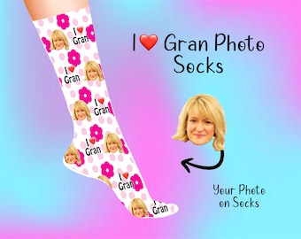 I Heart Gran Photo Socks Personalised Emoji Customised | Mothers Day Birthday Christmas Gifts | Printed Photo Clothing For Her Nana