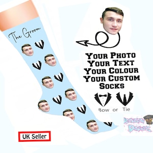 Groom Socks Photo and Text Custom Personalised | Suit and Bow Tie | Best Man Wedding Grooms Men Party Gifts | Kids & Adult Sizes