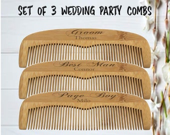 Personalised Comb Set of 3 or Single Bamboo Engraved | Wedding | Grooms Men | Single Name Comb | Keepsake Favours | Bridal Party | Teacher