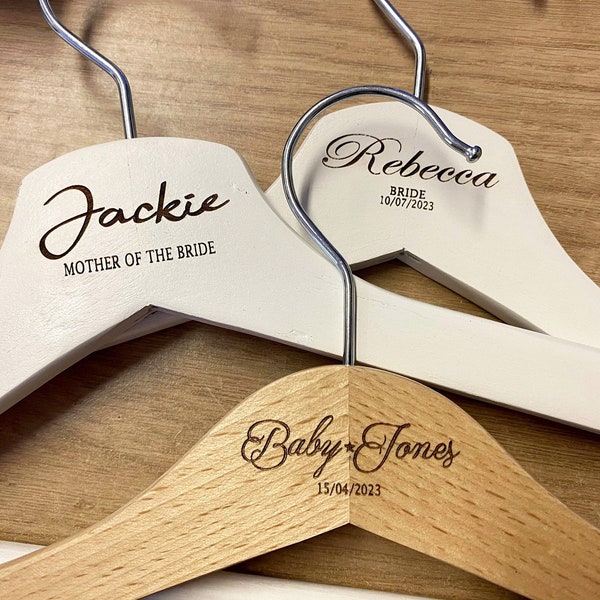 Wooden Wedding Coat Hanger Engraved Kids & Adult | With Ribbon Choice | Bridal Party Grooms Personalised | Name Role Date | Font Selection