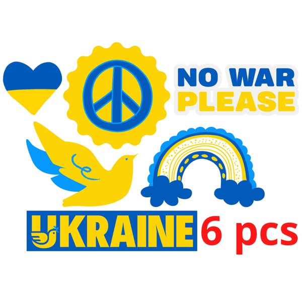 I Stand with Ukraine! No War Vinyl Stickers, Pack of 5 Yellow Blue Car Bumper Window Bottle Laptop Decal, Support Ukrainians Donation Decals