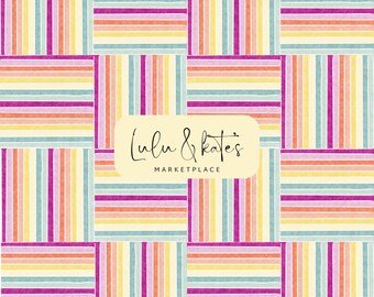 May include: A seamless pattern featuring a repeating design of colourful stripes in shades of blue, yellow, pink, and orange. The stripes are arranged in a grid pattern, creating a visually appealing and modern design.