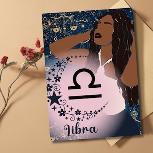 Biglietto di auguri di compleanno con segno zodiacale celeste afroamericano Bilancia