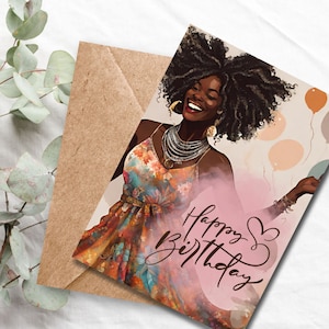 Biglietto di auguri di compleanno afroamericano con bellezza boho riccia
