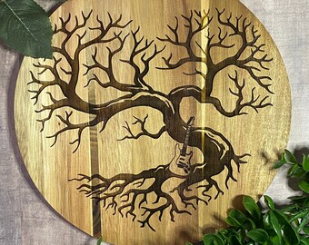 Guitar Heart Tree Trivet, Wooden Guitar Art, Guitar Wall Art, Circle Wood Music Sign, 9" Wood Circle Decor, Electric Guitar Art, Guitar gift