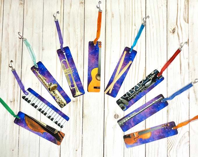 Featured listing image: Metal Music Instrument Bookmarks w/Purple Galaxy Design, Back to school, gift for musician, College music student teacher gift, music nerd