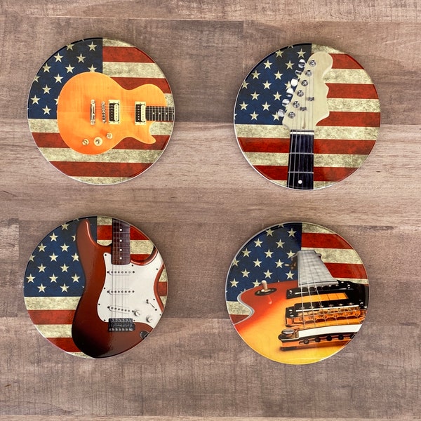 Electric Guitar Photo Coasters, set of 4, American Flag Guitar Coasters, Rustic USA Americana, Music gift for guitarist, Fender Gibson look