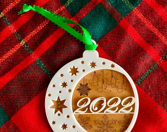 Wood and Acrylic 2022 Music Ornament, Treble Clef Symbol, Music note ornament, snowflakes stars and notes design, Handmade gift, Music gift