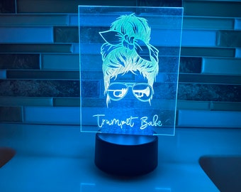 Trumpet Babe LED lamp, engraved acrylic light, desktop light, music decor, gift for trumpet player, color changing nightlight, band student