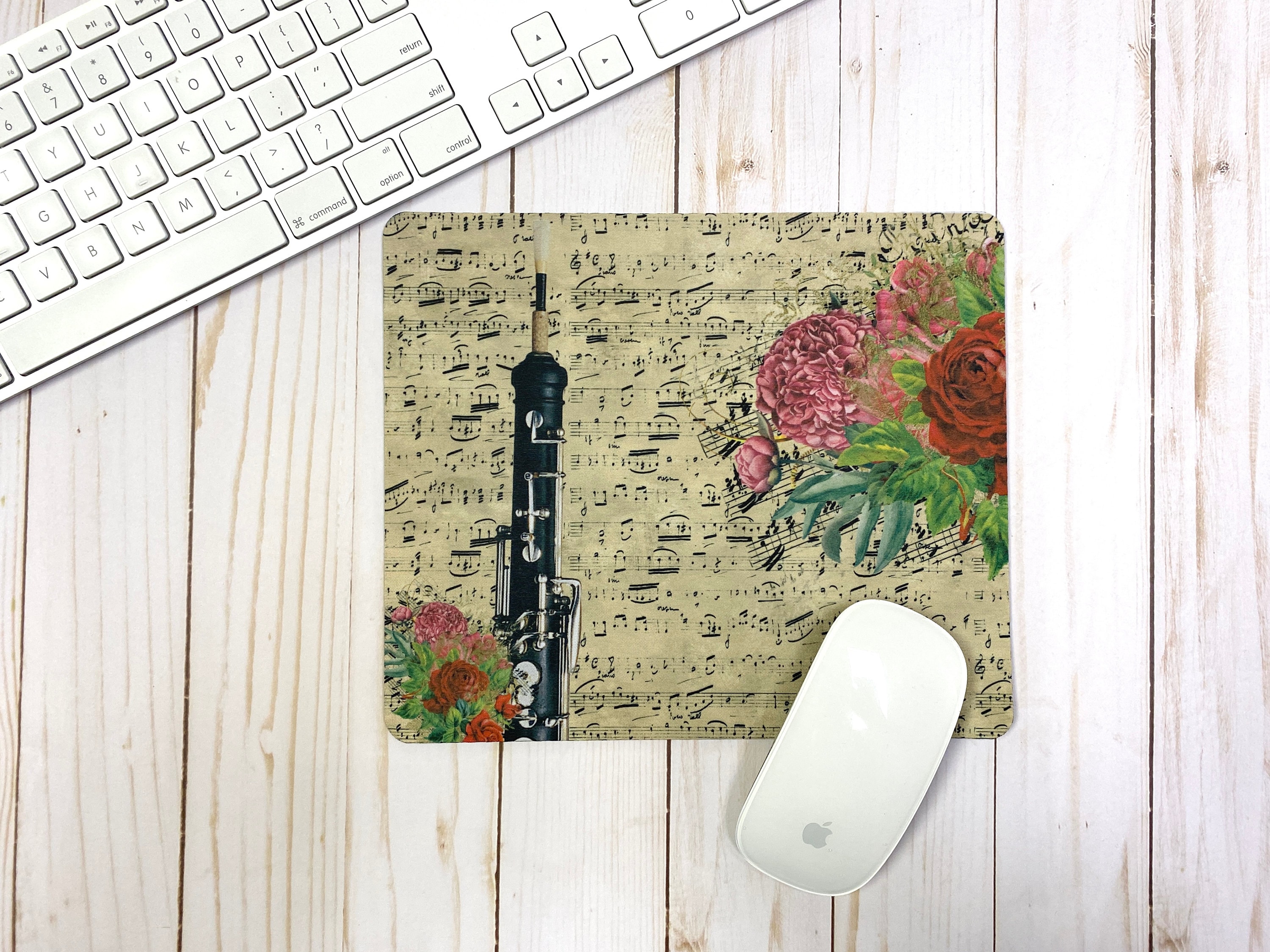 Oboe Mousepad With Vintage Sheet Music & Vivid Floral Design, Gift for