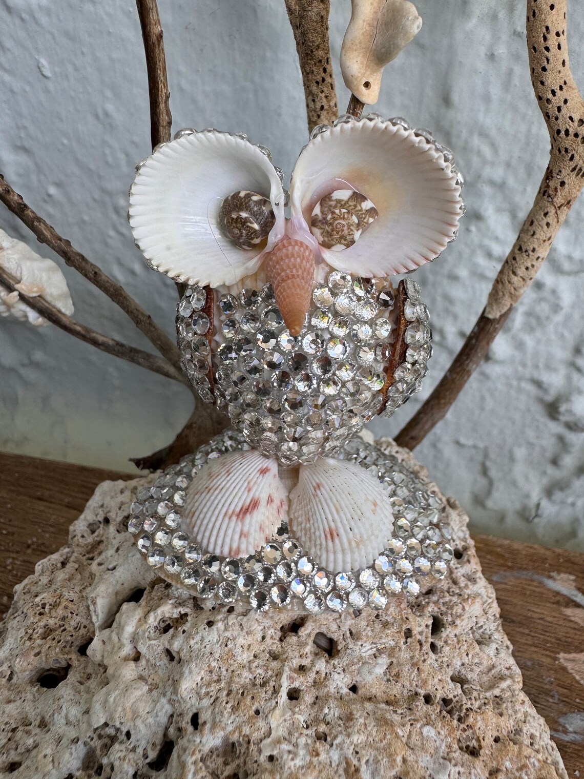Shell Owl Rhinestones Owl Sea Shells Figurine Sculpture - Handcrafted Unique ...