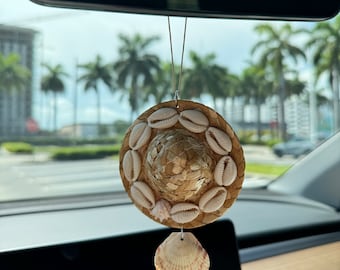 Sombrero de concha de cauri, accesorio costero para espejo retrovisor del coche - Encanto costero para coche - Accesorios para coche de playa