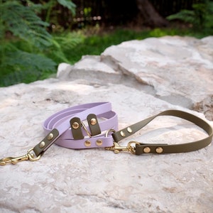 Könnte beinhalten: Zwei Hundeleinen, eine in Lavendel und eine in Olivgrün, mit goldenen Beschlägen und Verschlüssen. Die Leinen liegen auf einem hellgrauen Stein.