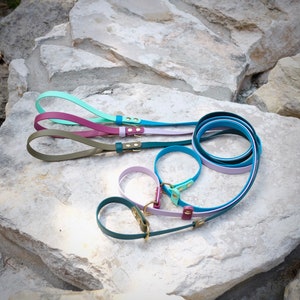 May include: A collection of colorful dog leashes and collars in various shades of green, purple, blue, and pink. The leashes have matching handles and are made of a smooth, durable material. The collars have gold-colored hardware.