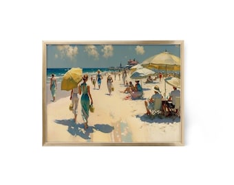 Spiaggia nel periodo estivo pittura ad olio - dipinta a mano, originale, arte del paesaggio, arte murale stampabile, download istantaneo, 300dpi