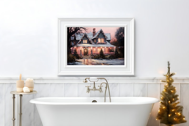 Pink Christmas House Wall Art Painting, Christmas Home Wall Decor