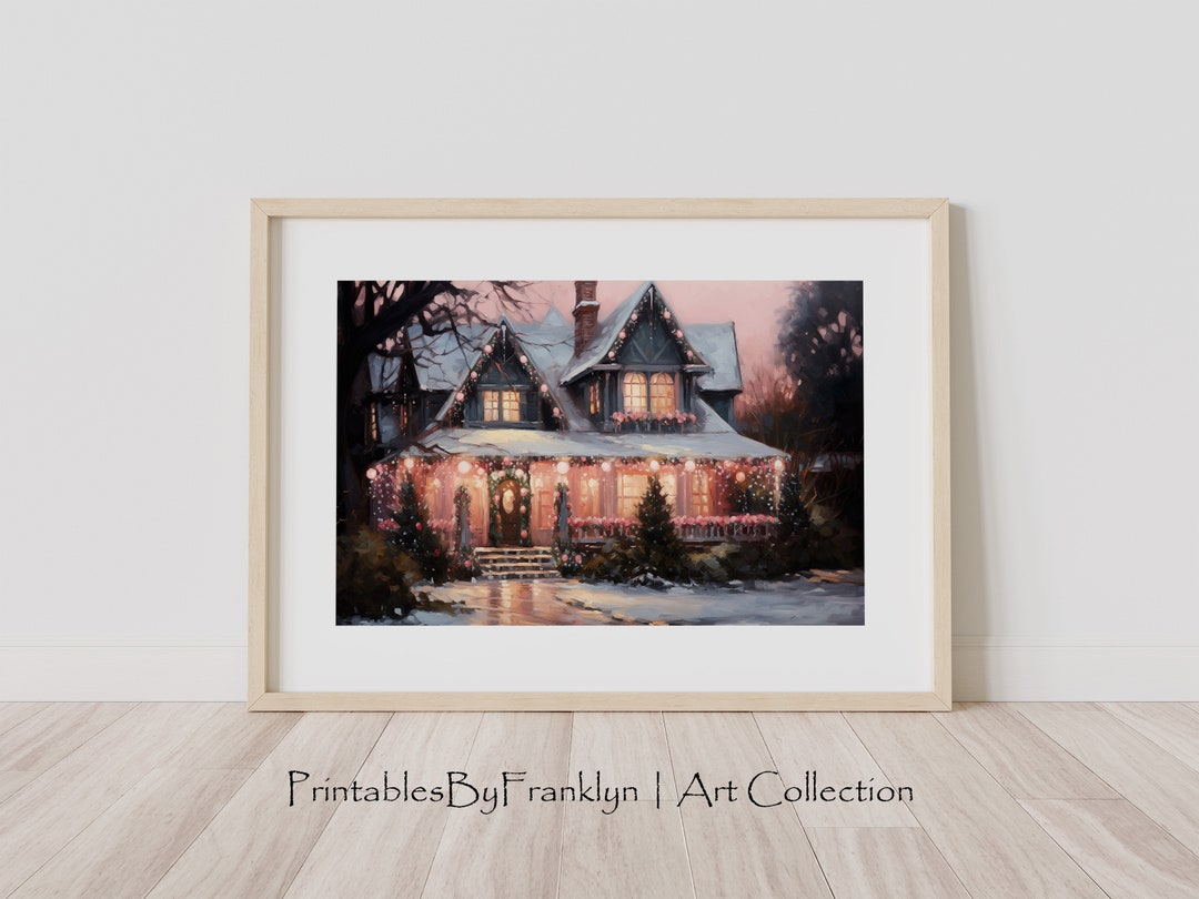 Pink Christmas House Wall Art Painting, Christmas Home Wall Decor