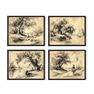 Neutral Aesthetic Decor Wall Art Set, Gallery Set of 4 Art Prints, Neutral Landscape Sketch Set of 4, Digital Download