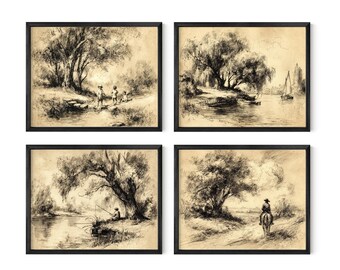 ニュートラルな美的装飾壁アートセット、ギャラリーセット4点アートプリント、ニュートラルな風景スケッチセット4点、デジタルダウンロード