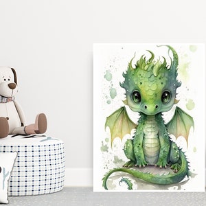 Watercolor Baby Green Dragon, Nursery Wall Art Décor, Baby Dragon Wall Art, Baby Animal, Printable Nursery Décor, Instant Download image 4