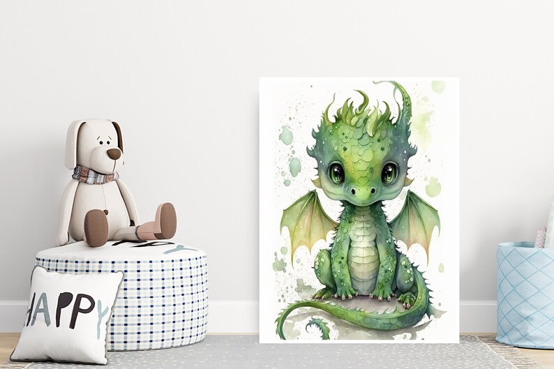 Watercolor Baby Green Dragon, Nursery Wall Art Décor, Baby Dragon Wall Art, Baby Animal, Printable Nursery Décor, Instant Download image 4