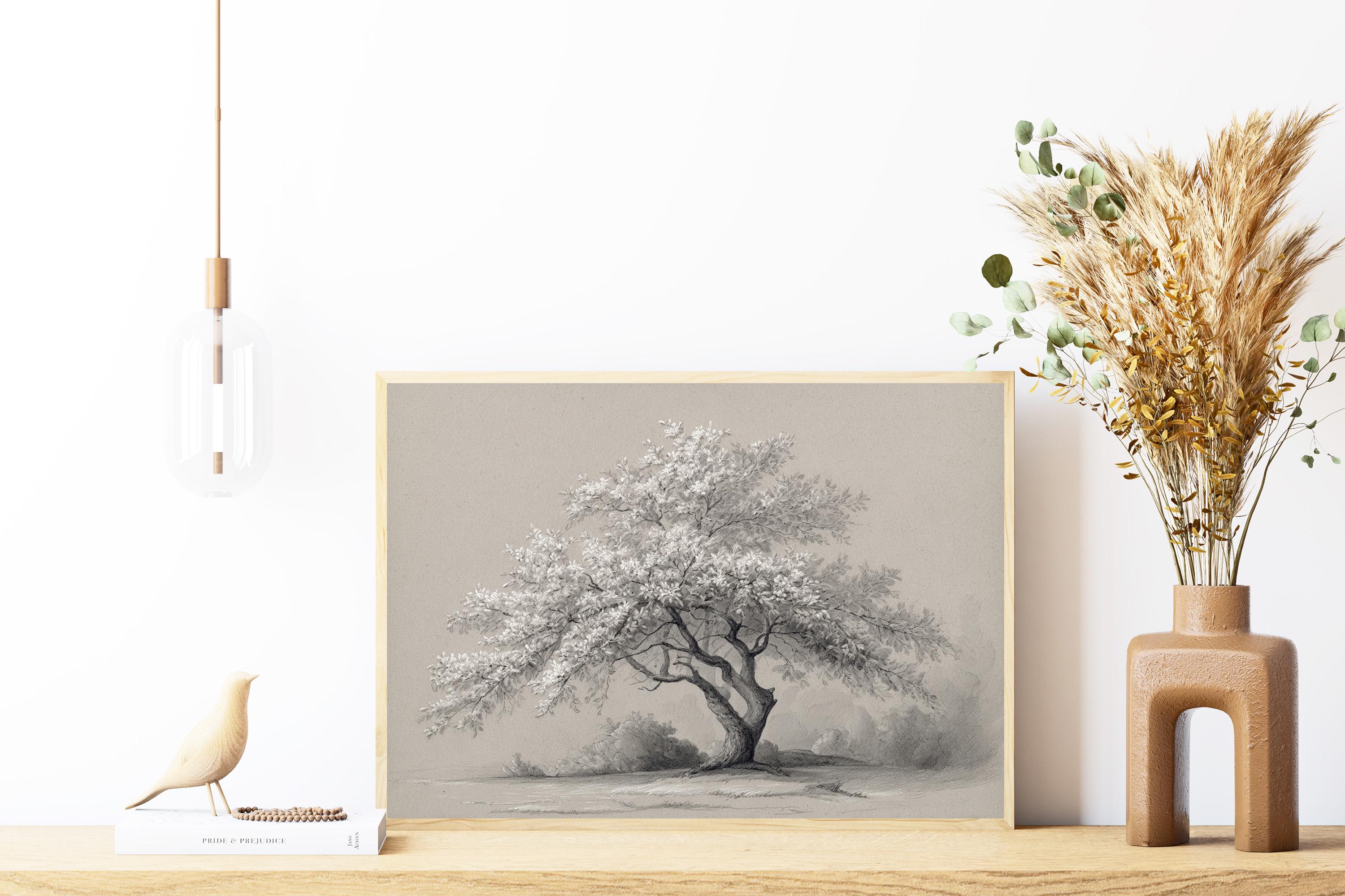 Vintage Cherry Blossom Tree Sketch Wall Art, Neutral Landscape