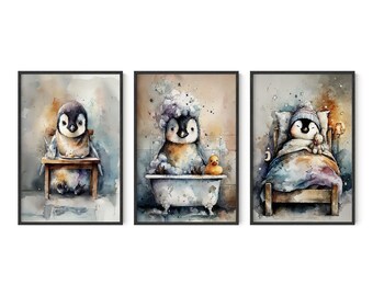 Watercolor Penguin Nursery Wall Art, Set of 3, Penguin Wall Art, Nursery Wall Art, Kids Wall Art, Nursery Wall Decor, Digital Download
