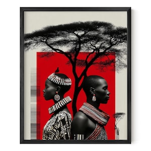 Atardecer eterno: Arte mural de hombre y mujer africanos junto a un árbol, arte mural africano, decoración de pared africana, arte negro, descarga digital