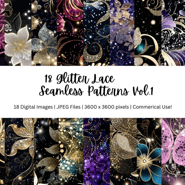 Glitter Lace Seamless Background Patterns, 18 Glitter Rustic Seamless Patterns, Lace Seamless Backgrounds, 300 DPI