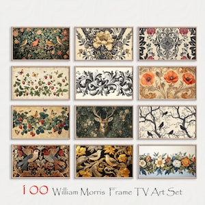 Pode incluir: Um conjunto de 12 impressões emolduradas com designs de William Morris. As impressões incluem padrões florais, pássaros, veados e outros motivos inspirados na natureza. As molduras são de madeira clara com um design simples.
