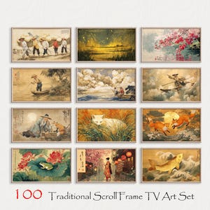 Puede incluir: Un conjunto de doce impresiones artísticas asiáticas tradicionales enmarcadas. Las obras de arte presentan diversas escenas, incluyendo paisajes, figuras y animales. El texto en la parte inferior dice "100 Traditional Scroll Frame TV Art Set."