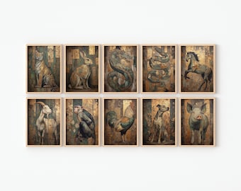Chinese Zodiacs Wall Art, Set of 12, Zodiac Wall Art, Chinese Wall Art, Chinese Wall Decor, Chinese Art, Digital Download