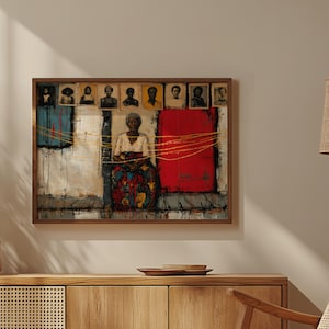May include: A framed painting depicting a seated person in a white top and patterned skirt against a wall with a blue panel and a large red door. Above, a row of nine small portrait photographs hangs, with yellow lines draped across the scene.