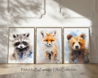 Woodland Nursery Print Set 3, Woodland Nursery Gift, Woodland Nursery Art, Woodland Baby Animal Prints, Nursery Wall Art , Baby shower gift