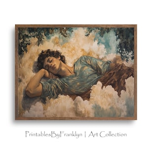Peut inclure: Une peinture représentant une personne endormie sur un lit de nuages. La personne porte une robe bleue et brune et a de longs cheveux bruns. L'arrière-plan est bleu clair et blanc.