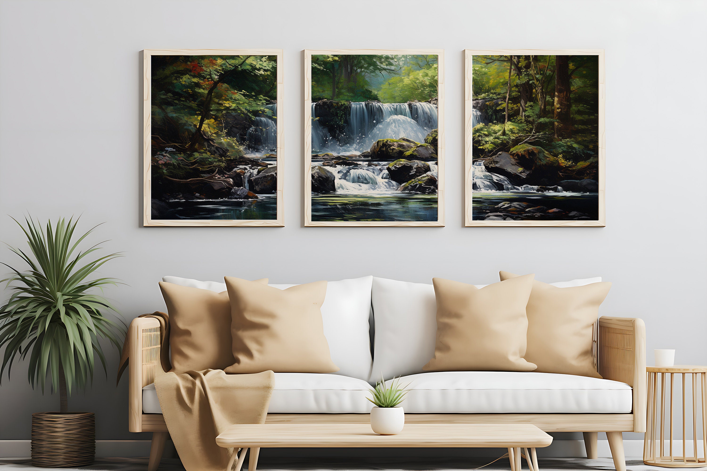 Waterfall Landscape Wall Art, Set of 3, Waterfall Wall Art, Tropical ...