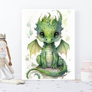 Watercolor Baby Green Dragon, Nursery Wall Art Décor, Baby Dragon Wall Art, Baby Animal, Printable Nursery Décor, Instant Download image 7