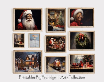 Black Santa Weihnachtsgalerie Wandkunst, 10er-Set, afroamerikanische Weihnachten, rustikale schwarze Mrs. Claus, Vintage Weihnachtskunst, Weihnachtsdekor