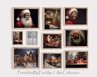 May include: A collection of framed Christmas-themed art prints. The prints depict Santa Claus, festive scenes with Christmas trees, a snowy landscape, and a decorated wreath. The art prints have a vintage, painterly style.