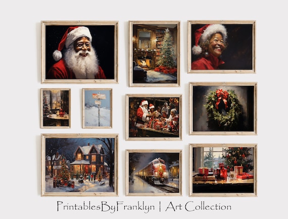 Black Santa Christmas Gallery Wall Art, Set of 10, African American Christmas, Rustic Black Mrs. Claus, Vintage Christmas Art, Xmas Decor