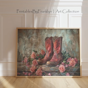 Rustic Cowboy Boots with Pink Roses - Western Still Life Painting Wall Art, Cowboy Wall Art, Floral Wall Art, Rustic Wall Art Decor