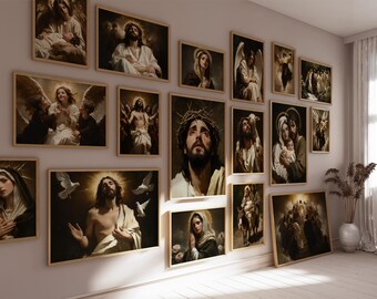 May include: A collection of framed religious art prints, featuring depictions of Jesus, angels, and biblical scenes. The artwork is displayed on a light-colored wall, with a neutral background and wooden frames.