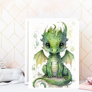Aquarell Baby grüner Drache, Kinderzimmer Wandkunst, Baby Drachen Wandkunst, Baby Tier, druckbare Kinderzimmer Deko, Instant Download Bild 8