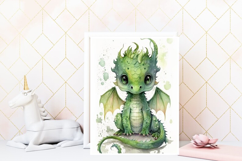 Watercolor Baby Green Dragon, Nursery Wall Art Décor, Baby Dragon Wall Art, Baby Animal, Printable Nursery Décor, Instant Download image 8