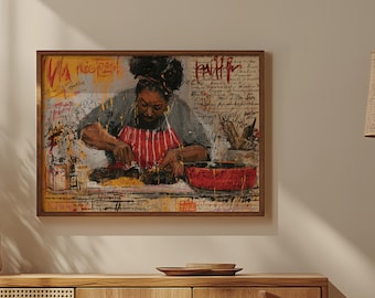 Könnte beinhalten: Ein gerahmter Kunstdruck, der eine Person mit dunklem Haar im Dutt zeigt, die ein graues Oberteil und eine rot-weiß gestreifte Schürze trägt und Essen zubereitet. Das Bild enthält Text, gelbe Farbspritzer und einen roten Topf auf einer Anrichte.