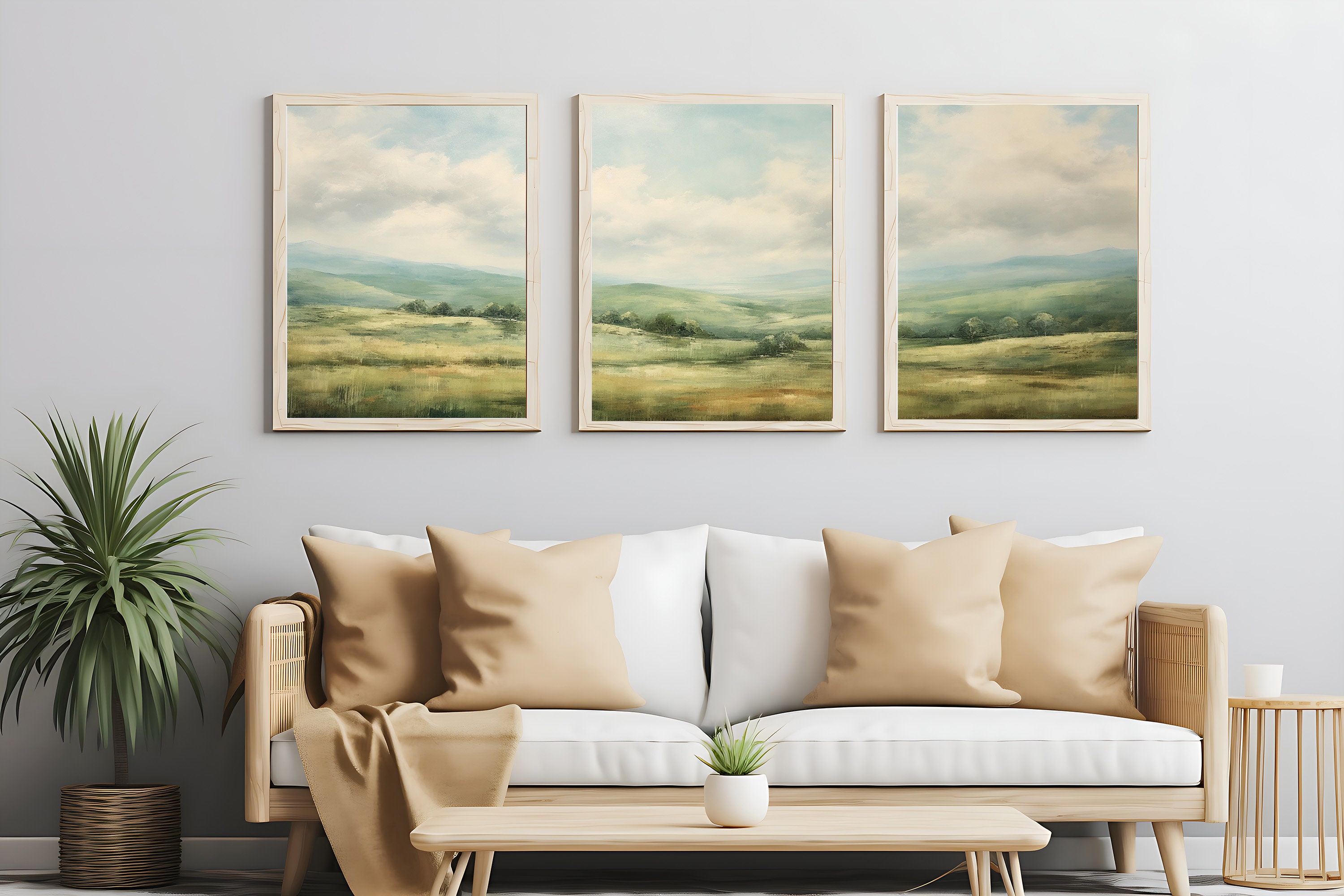 Vintage Green Hills Wall Art, Set of 3, Rustic Farmhouse Wall Art