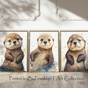 Láminas de nutria marina en acuarela para guardería, juego de 3 láminas, decoración de guardería, arte de pared para guardería, láminas de animales bebés para guardería, láminas de animales bebés