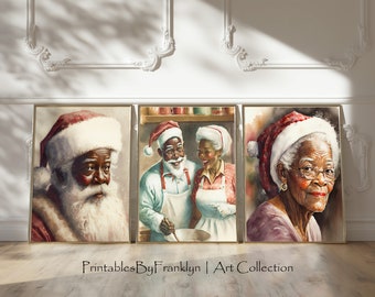 3 Printable Vintage Black Santa & Mrs. Clause Wall Art Set, Black Santa Print, Christmas Decor, Vintage Christmas, Father of Christmas